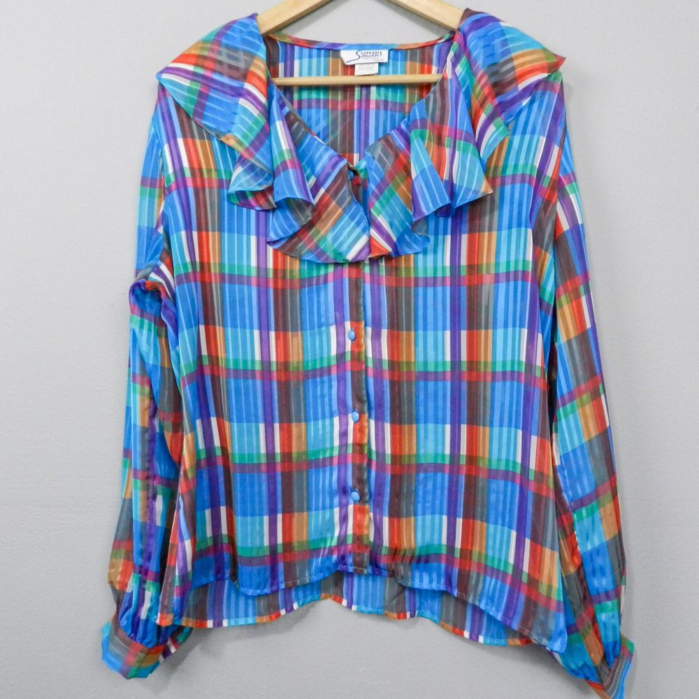 Vintage 70s Sunny South Dallas‎ Blouse Size 16 Plaid Ruffle Rainbow Disco Retro